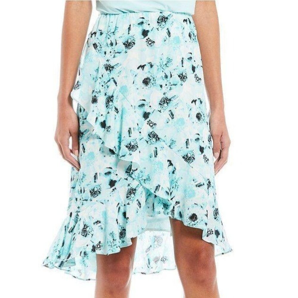 Kasper blue watercolor sea glass floral ruffle tulip skirt 12 or large MSRP 79